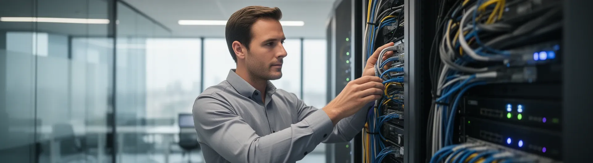 Professional it technician inspecting server cable