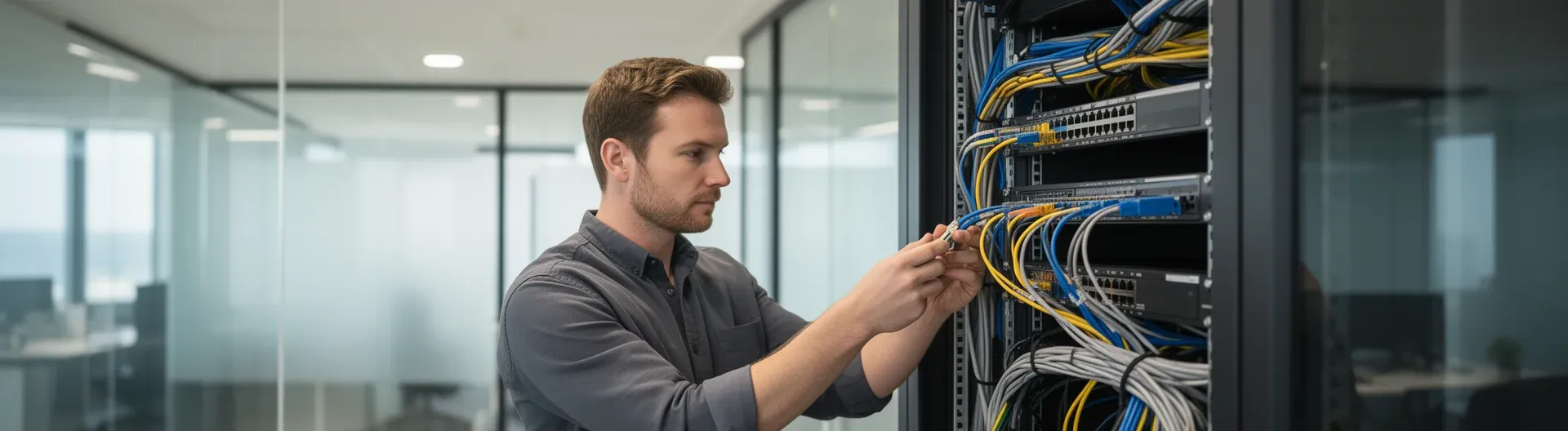 Professional it technician installing network cabl