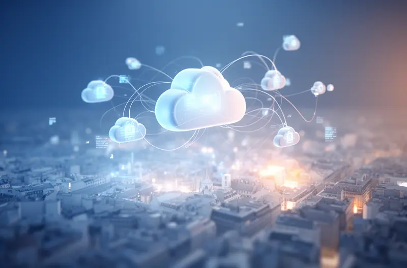 Mapa de Europa con conexiones cloud entre oficinas multi-sede
