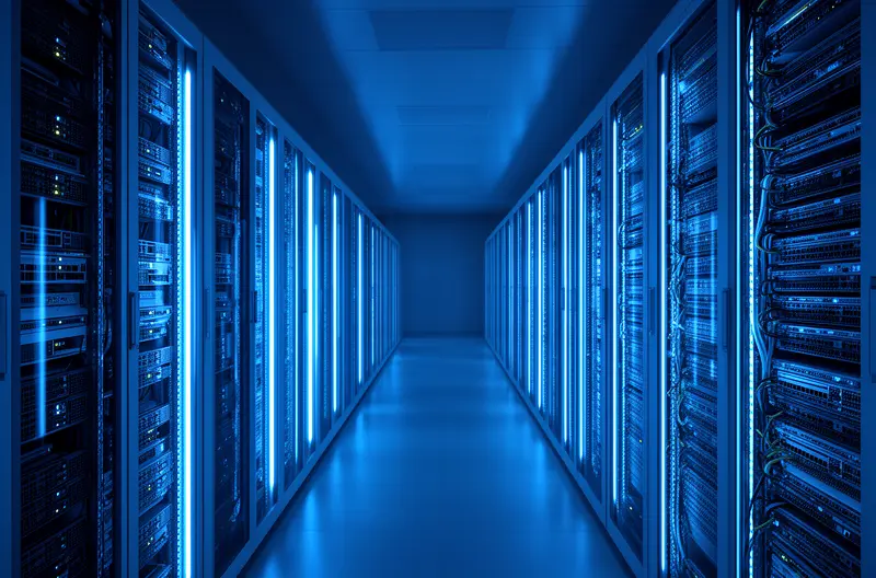 Centro de datos cloud empresarial con racks iluminados y conectividad de alta velocidad