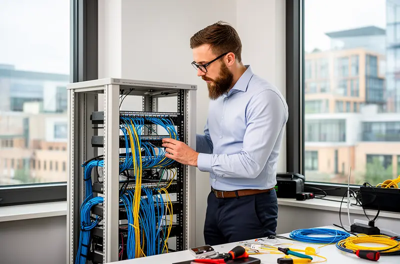 Técnico instalando cableado estructurado en un rack abierto en oficina con vista exterior