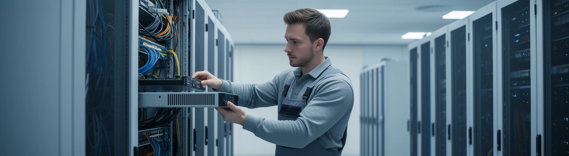 Técnico de Impulso instalando un appliance de firewall en rack en sala técnica