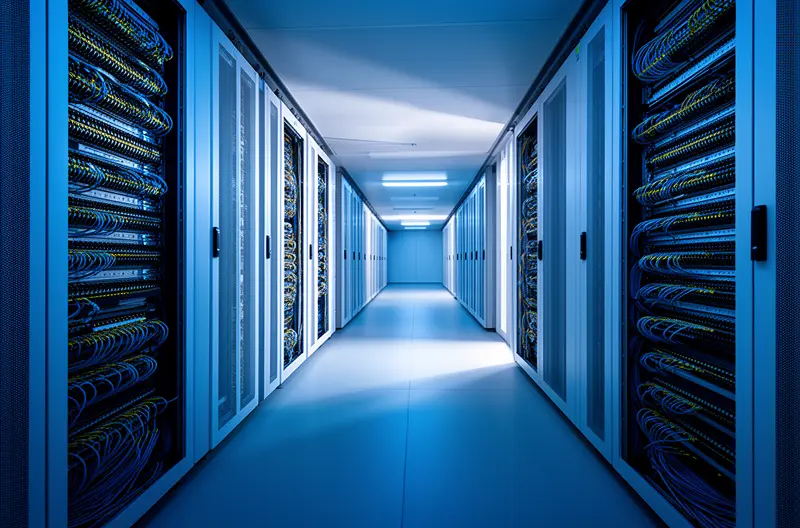 Pasillo central de un centro de datos empresarial con armarios de fibra óptica iluminados en azul