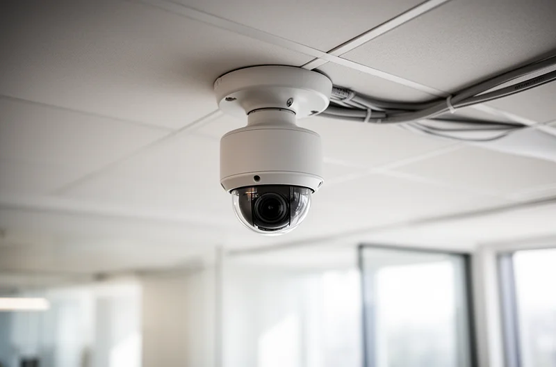Detalle de cámara Verkada instalada en techo corporativo con LED indicador activo
